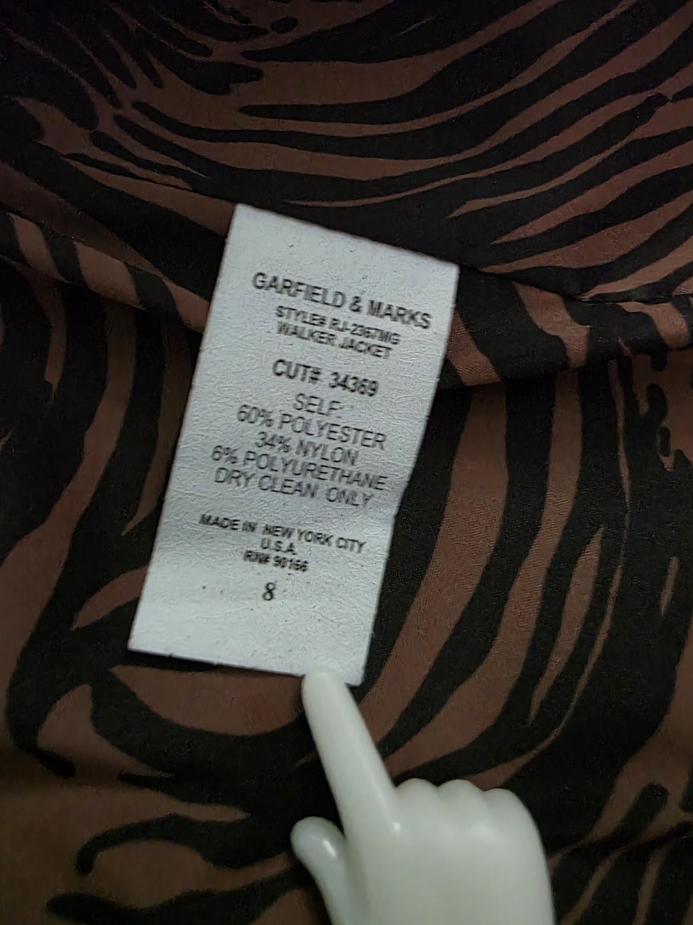Vintage Garfield & Marks Olive Jacket Zebra Print Lining USA Made Sz 8 - Picture 5 of 9